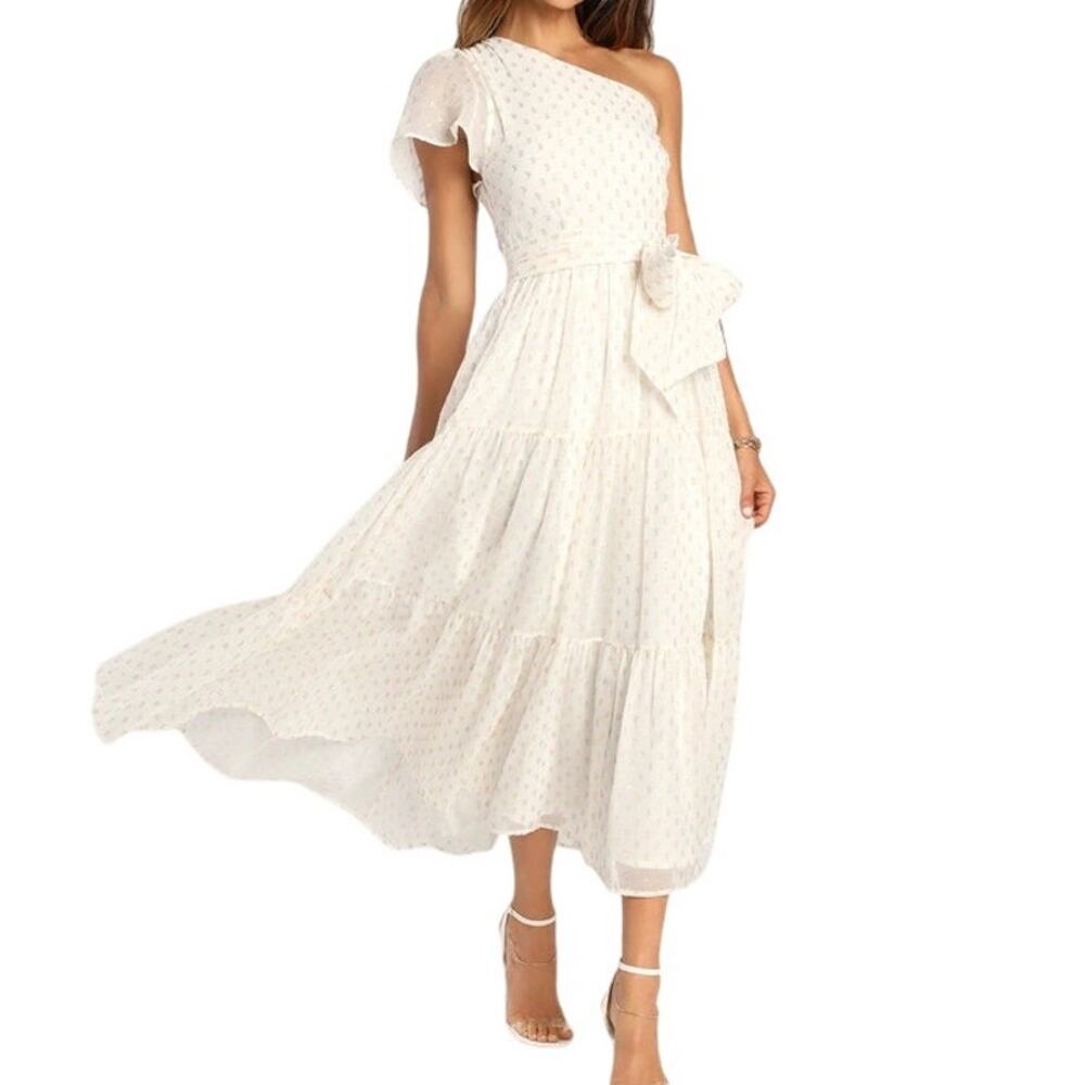 Lulus Shining Sight Midi Dress S‎ White Metallic Gold Dotted One Shoulder Fairy